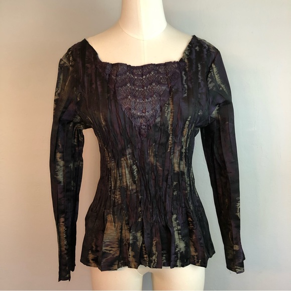 Babette Pleated Crinkle Long Sleeve Dark Purple &Black Square Neck Top Petite - Picture 14 of 15